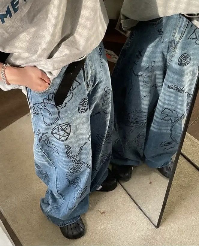 Jean × Vintage Men Printed Blue Hippie Jeans Size US 31 - 3 Thumbnail