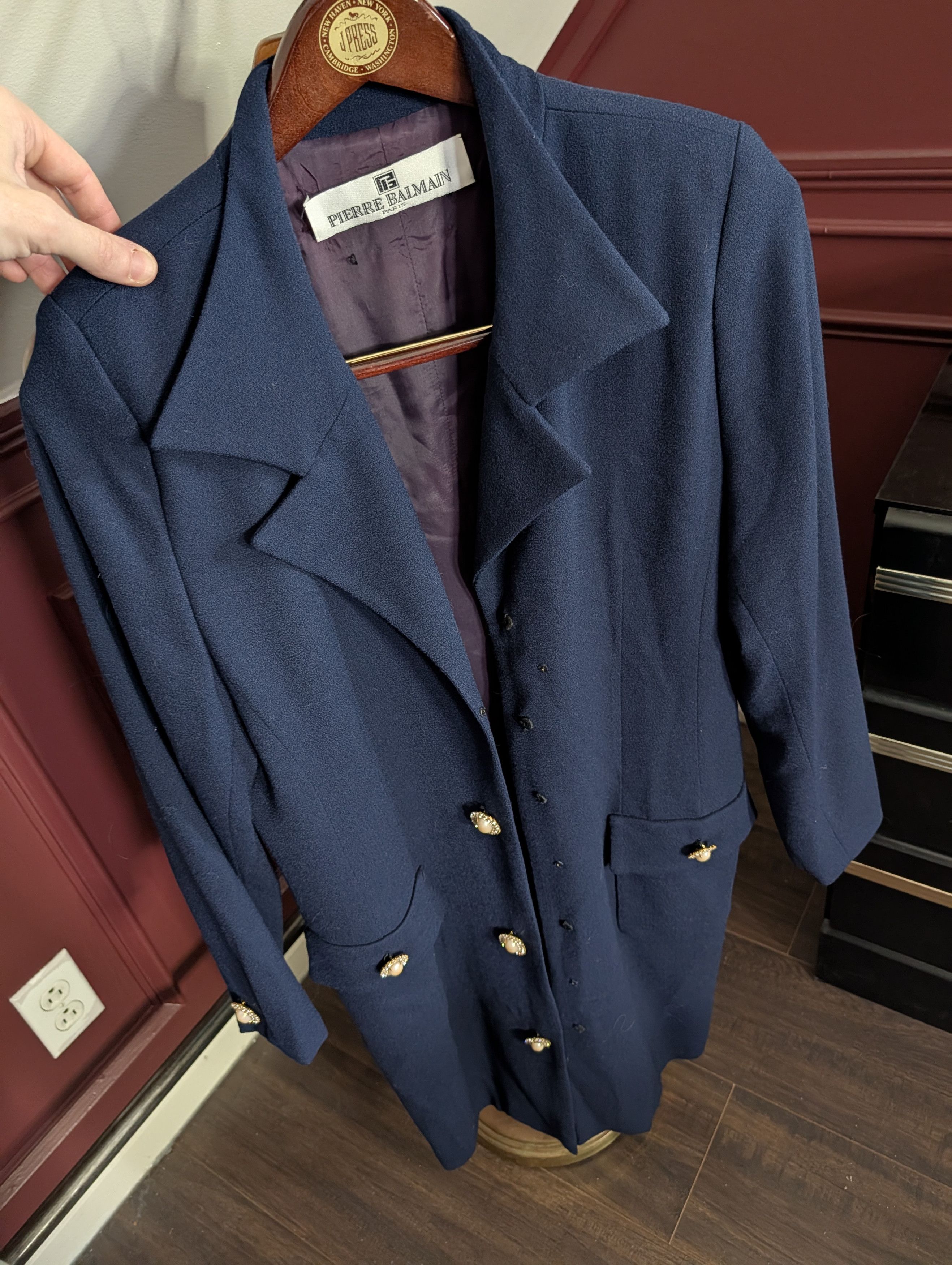 Pierre Balmain 80s VTG Navy Wool Pearl Crystal Gold Button Coat Dress Size L / US 10 / IT 46 - 12 Thumbnail