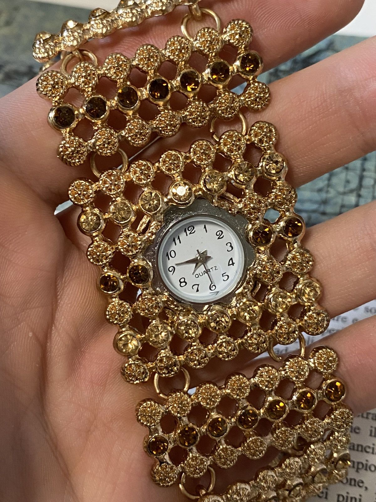 Japanese Brand Vintage Gold Baroque Amber Rhinestone Cuff Watch Size ONE SIZE - 5 Thumbnail