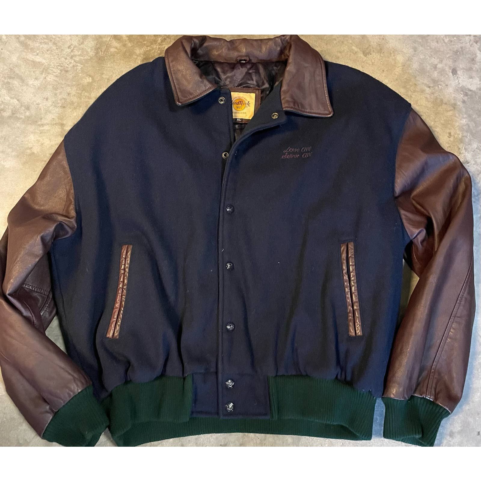 image of Vintage Hard Rock Cafe Leather Wool Orlando Jacket in Black, Men's (Size XL)