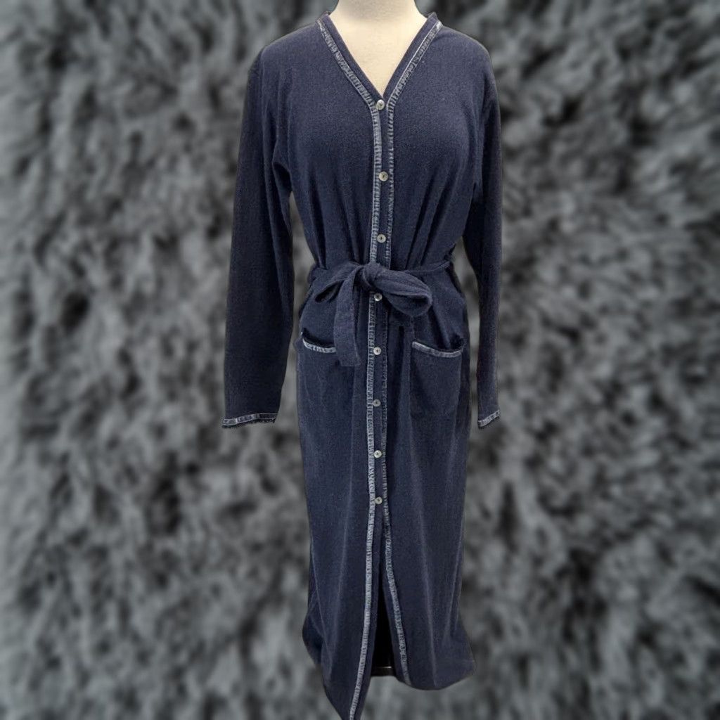 Velvet Gillian O’Malley Nightgown Robe Women’s S/M Navy Velvet Trim Button Front Long Sleeve Woman Spa Sleepwear Size ONE SIZE - 1 Thumbnail
