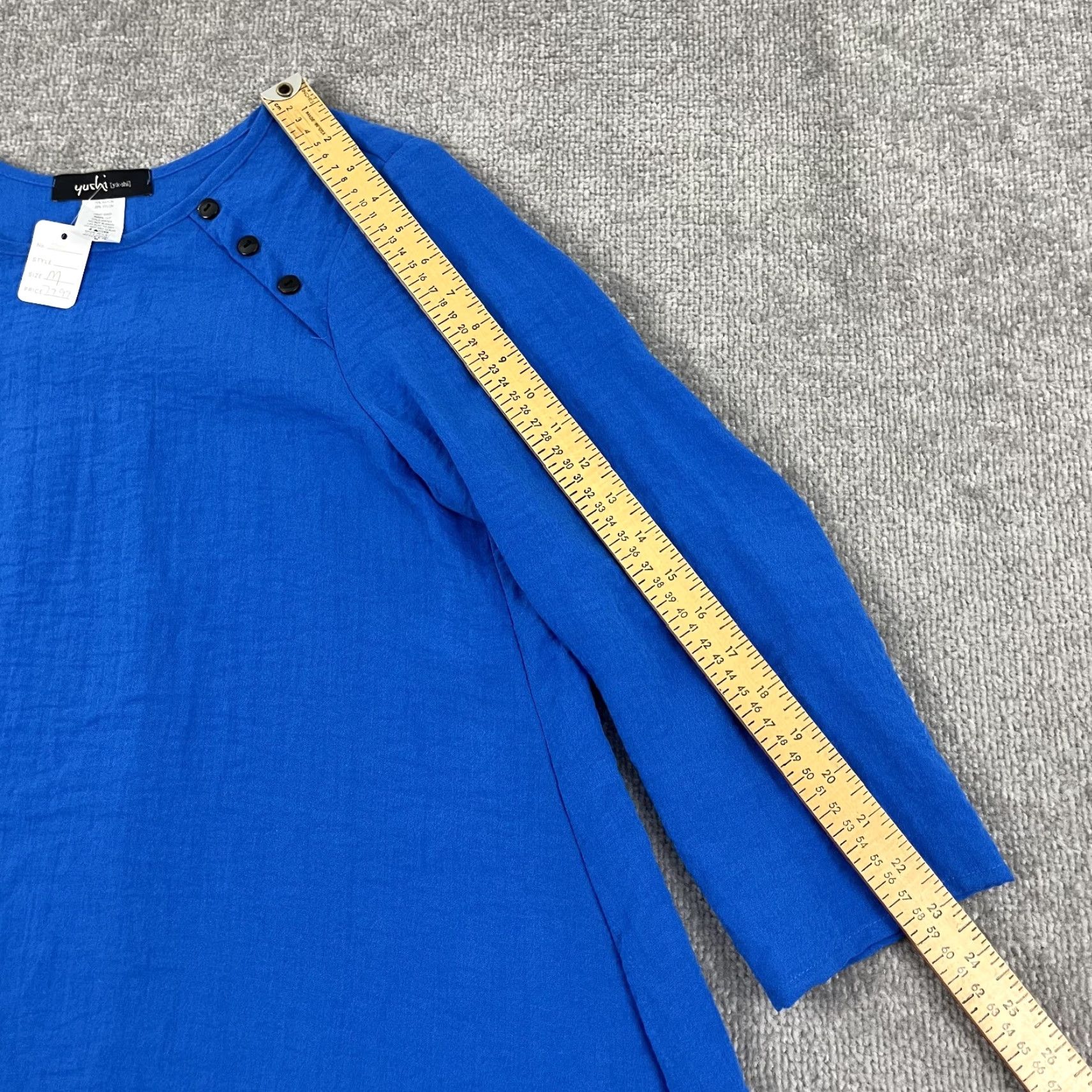 Vintage Yushi Blouse Top Womens M Blue Crewneck 3/4 Sleeve Pullover Button Accents Regular Fit Classic Casual Shirt Size M / US 6-8 / IT 42-44 - 4 Thumbnail