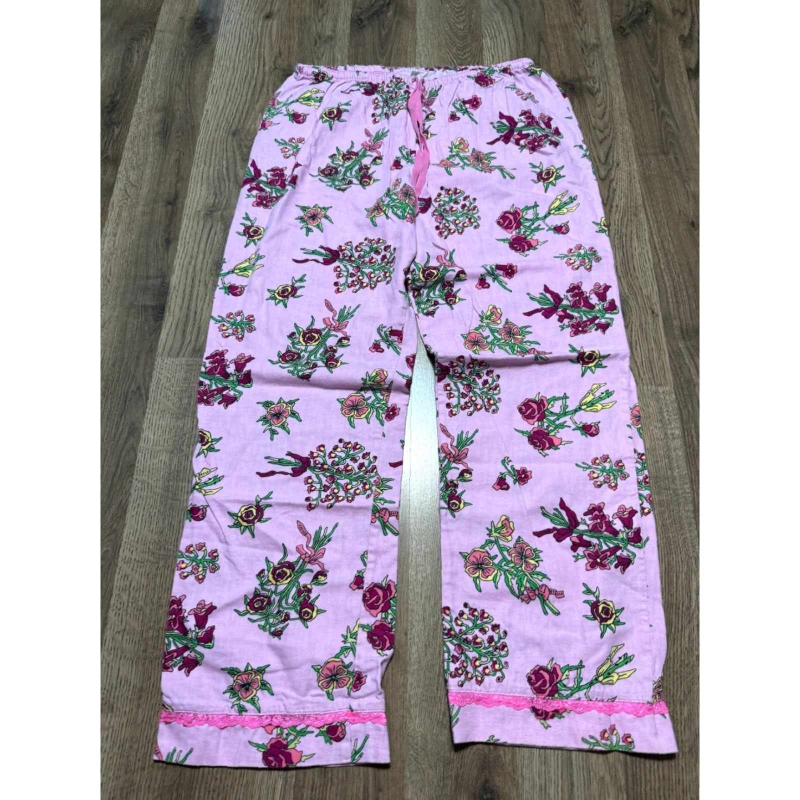Vintage Sleepwear Set Women's Medium Pink Floral Long Sleeve Button Up & Pants Size M / US 6-8 / IT 42-44 - 3 Thumbnail