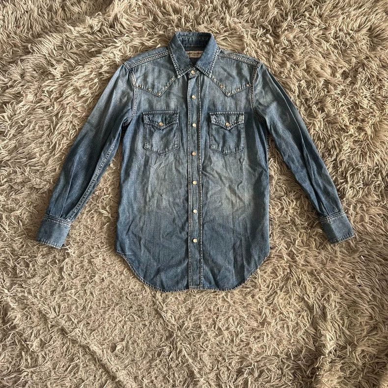 Saint Laurent Paris Saint Laurent Paris Washed blue denim rivet long sleeve sh Size US XS / EU 42 / 0 - 2 Thumbnail