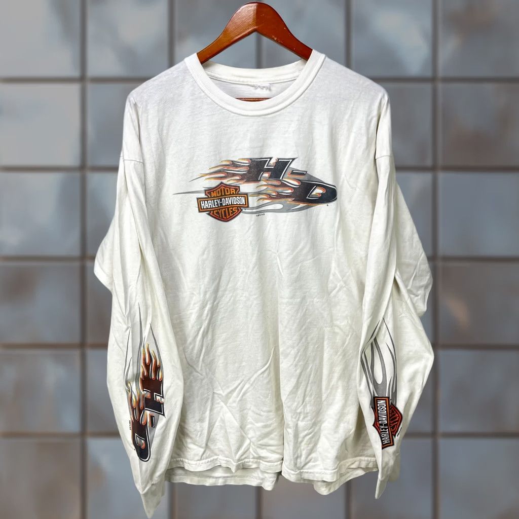 Harley Davidson VINTAGE Harley-Davidson T-Shirt White Long Sleeve 2XL Flames Graphic Print Mens Size US XXL / EU 58 / 5 - 1 Thumbnail