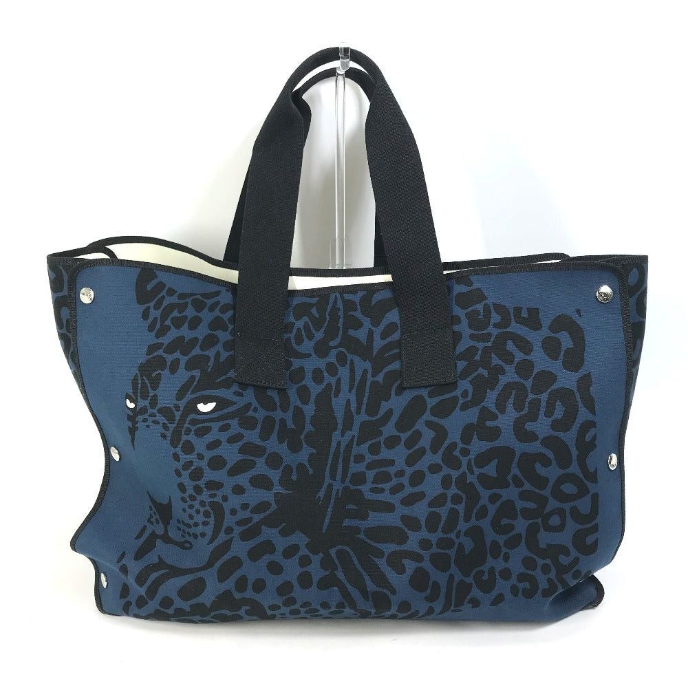 Hermes Shoulder Bag Shawl Leopard Fur Panther (Panthera Pardus) Beach Tote Canvas Women Navy