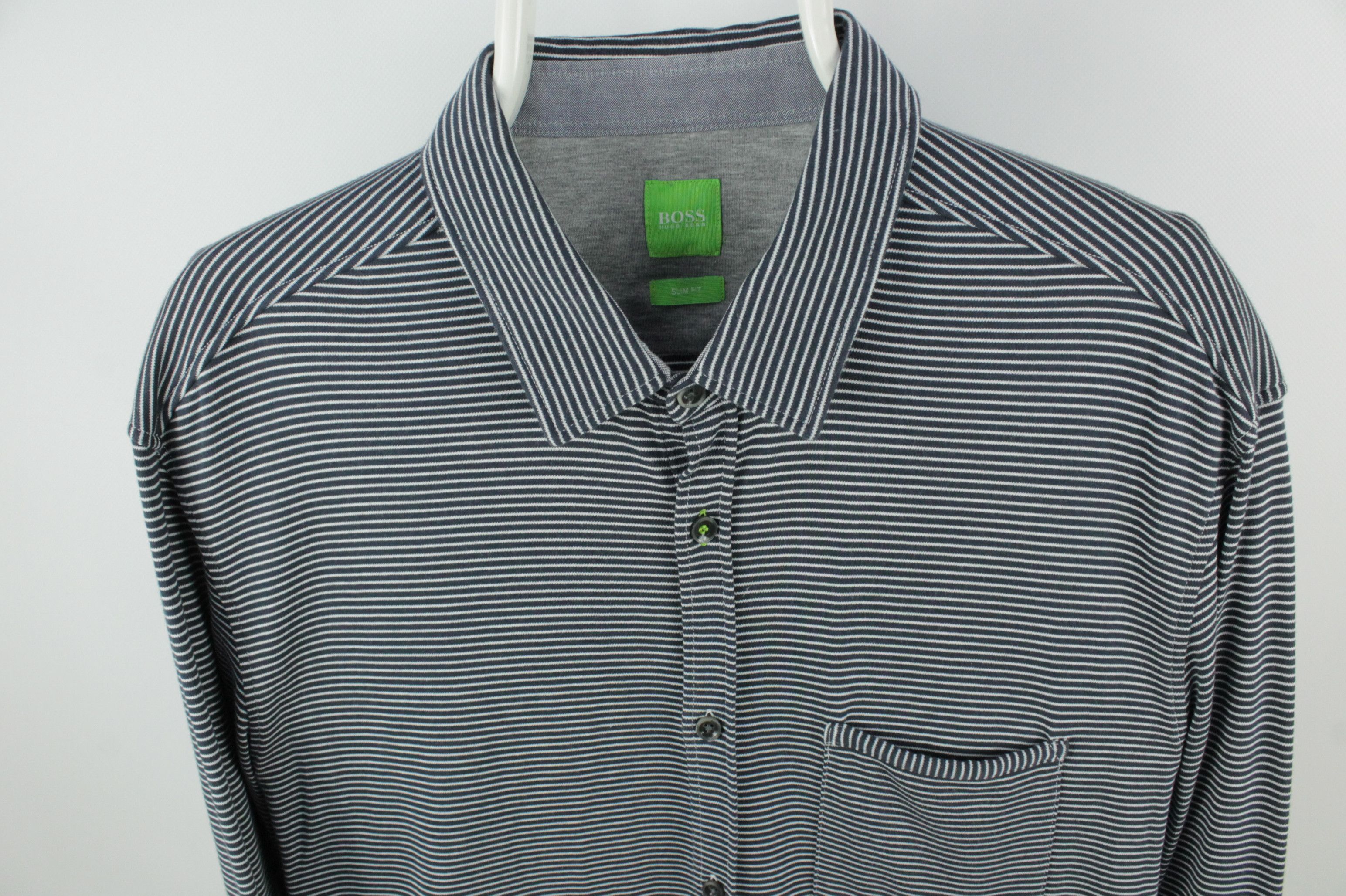 Designer × Hugo Boss Hugo Boss Gray Stripe Cotton Pique Slim Fit Casual Shirt Size US XL / EU 56 / 4 - 2 Thumbnail