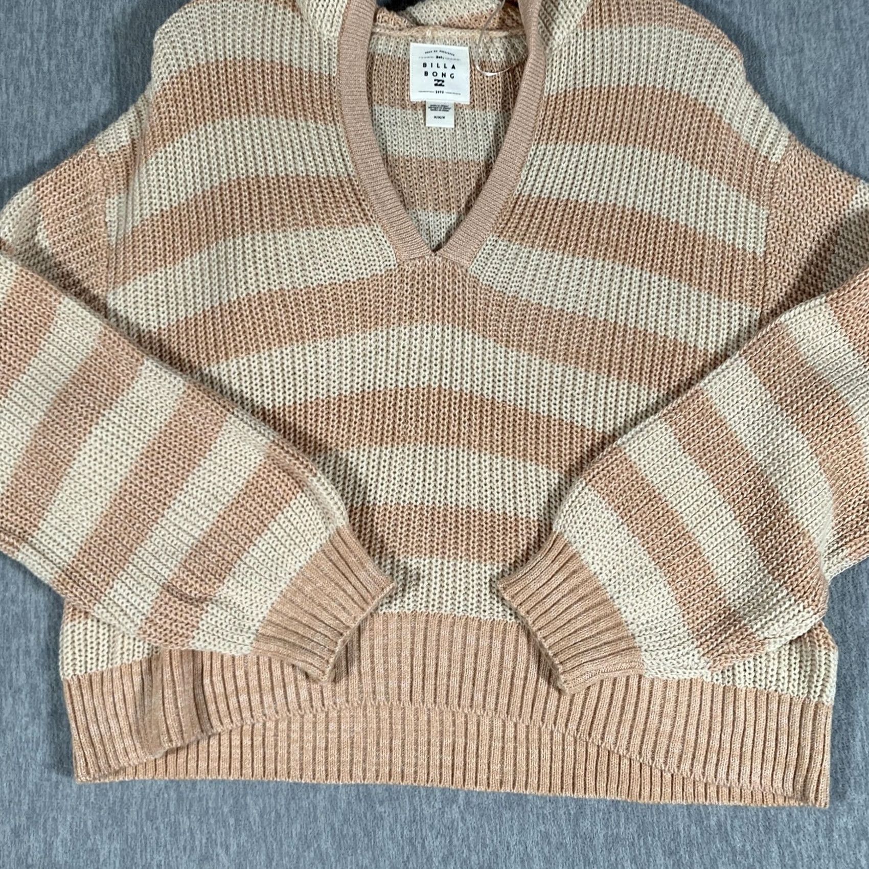 Billabong Billabong Sweater Womens Medium Beige Striped Hooded V-Neck Pullover Casual Size M / US 6-8 / IT 42-44 - 3 Thumbnail