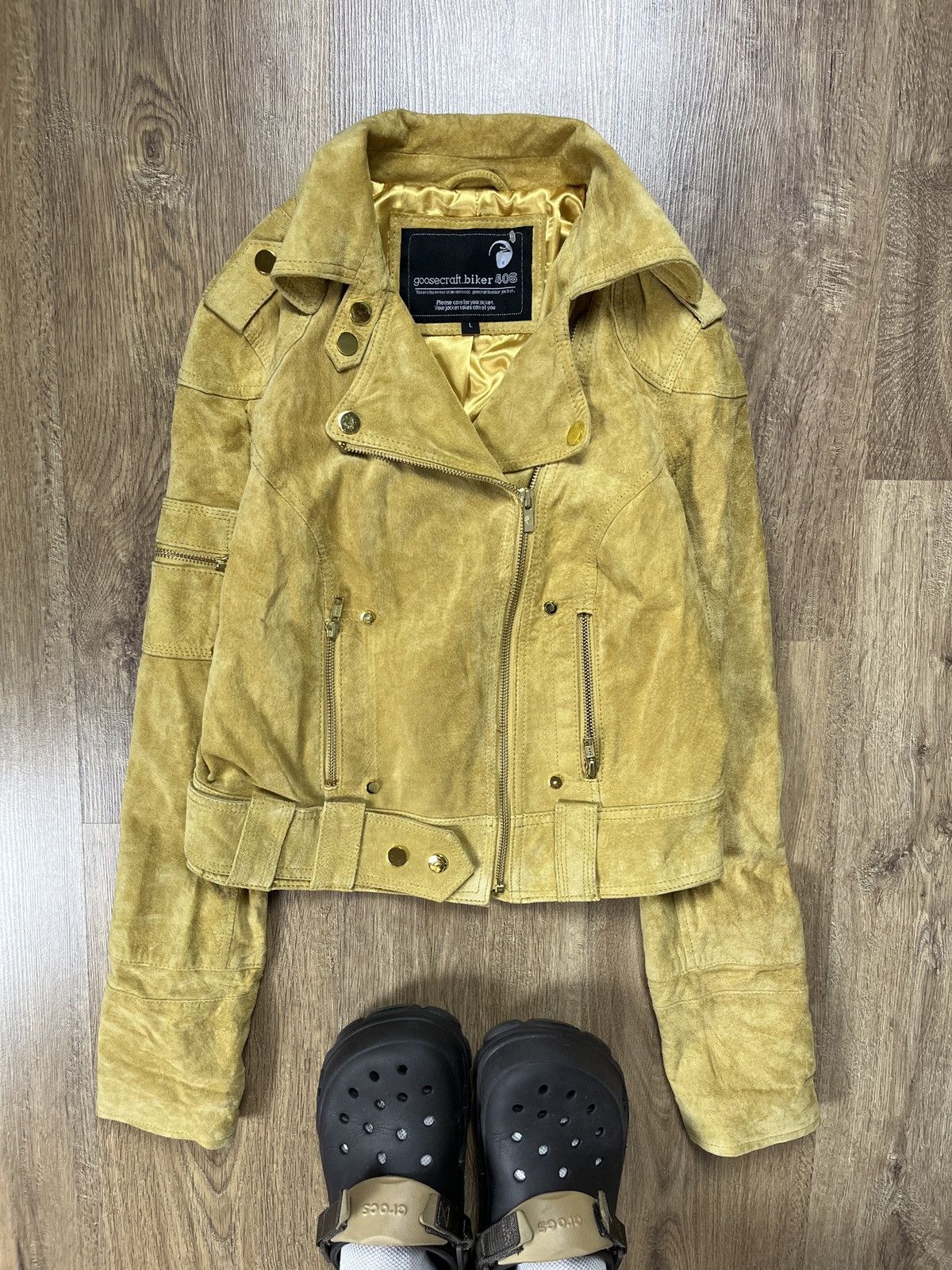 GOOSECRAFT ➕ yellow suede leather goosecraft biker jacket ramones Size L / US 10 / IT 46 - 1 Thumbnail