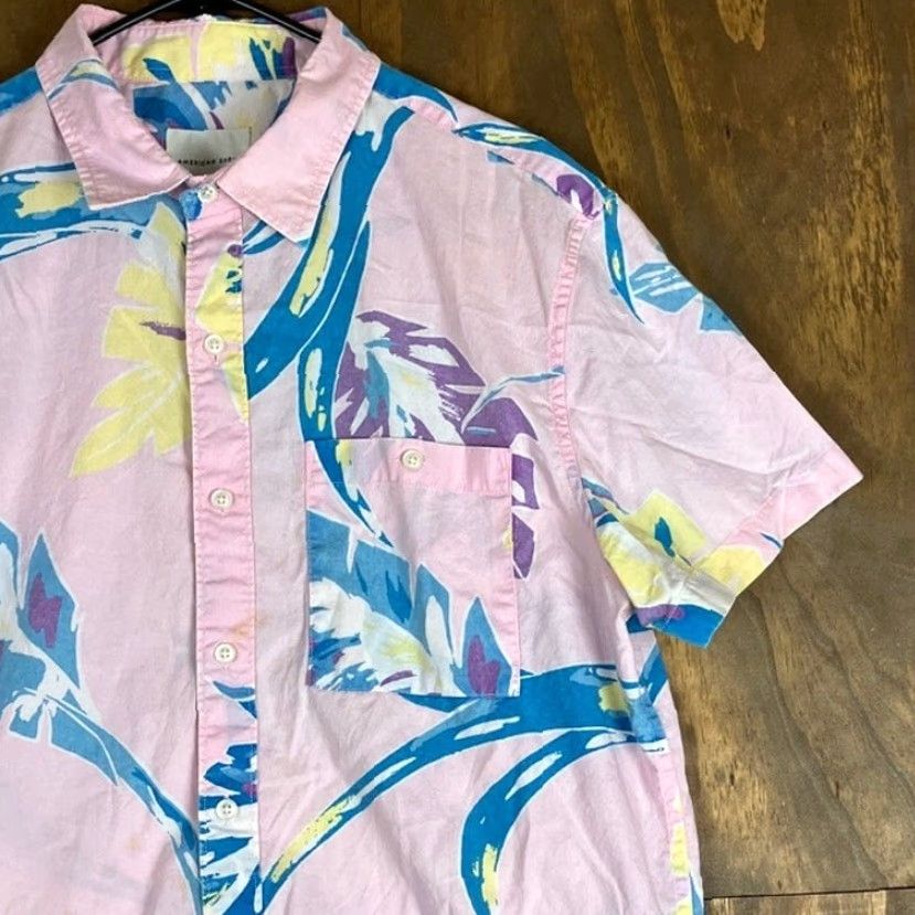Vintage American Eagle Shirt Mens Button-Down 100% Cotton Pink Blue Floral Short Sleeve L Casual, Workwear, Travel Mens Size US L / EU 52-54 / 3 - 5 Thumbnail