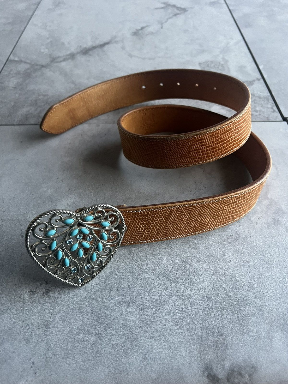 Japanese Brand Alzuni Turqoise Rhinestone Snake Print Heart Leather Belt Size ONE SIZE - 1 Thumbnail