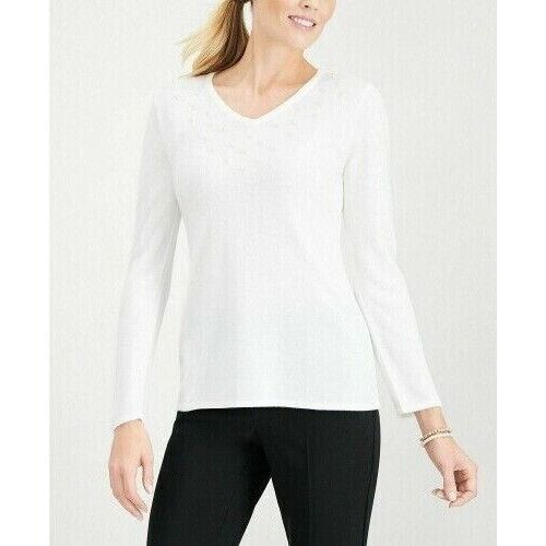 Other Karen Scott Luxsoft Faux-Pearl V-neck sweater, Winter White Size M / US 6-8 / IT 42-44 - 2 Thumbnail