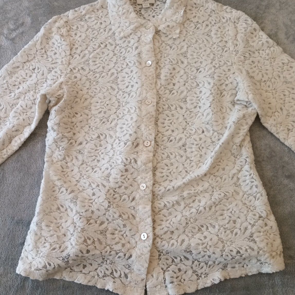 J. Jill J. Jill Shirt Womens S Ivory Floral Lace Long Sleeve Button Up Sheer Size S / US 4 / IT 40 - 5 Thumbnail