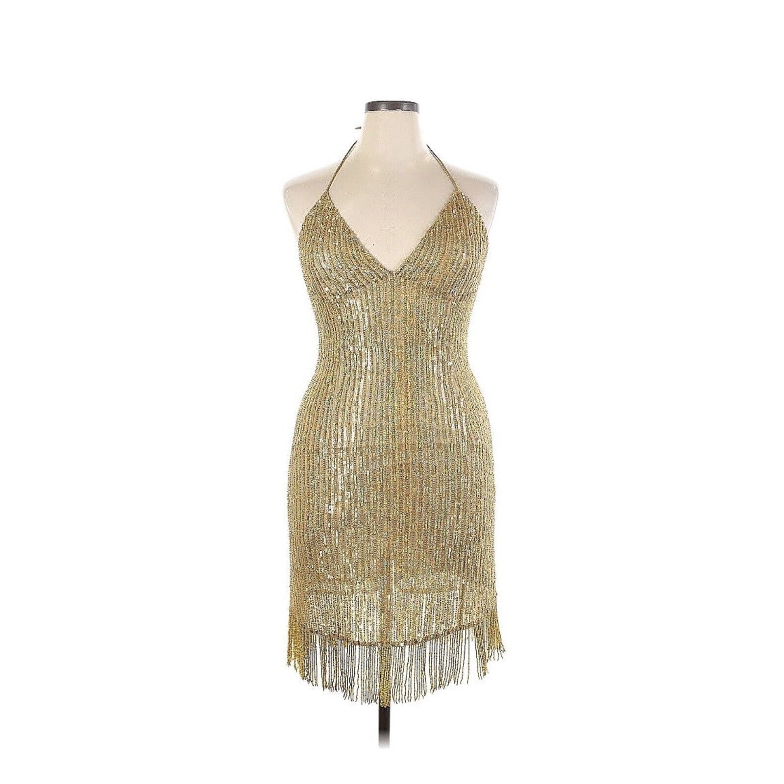 image of Designer Scala Gold Silk Beaded Fringe Halter Dress Sparkle Xl, Women's