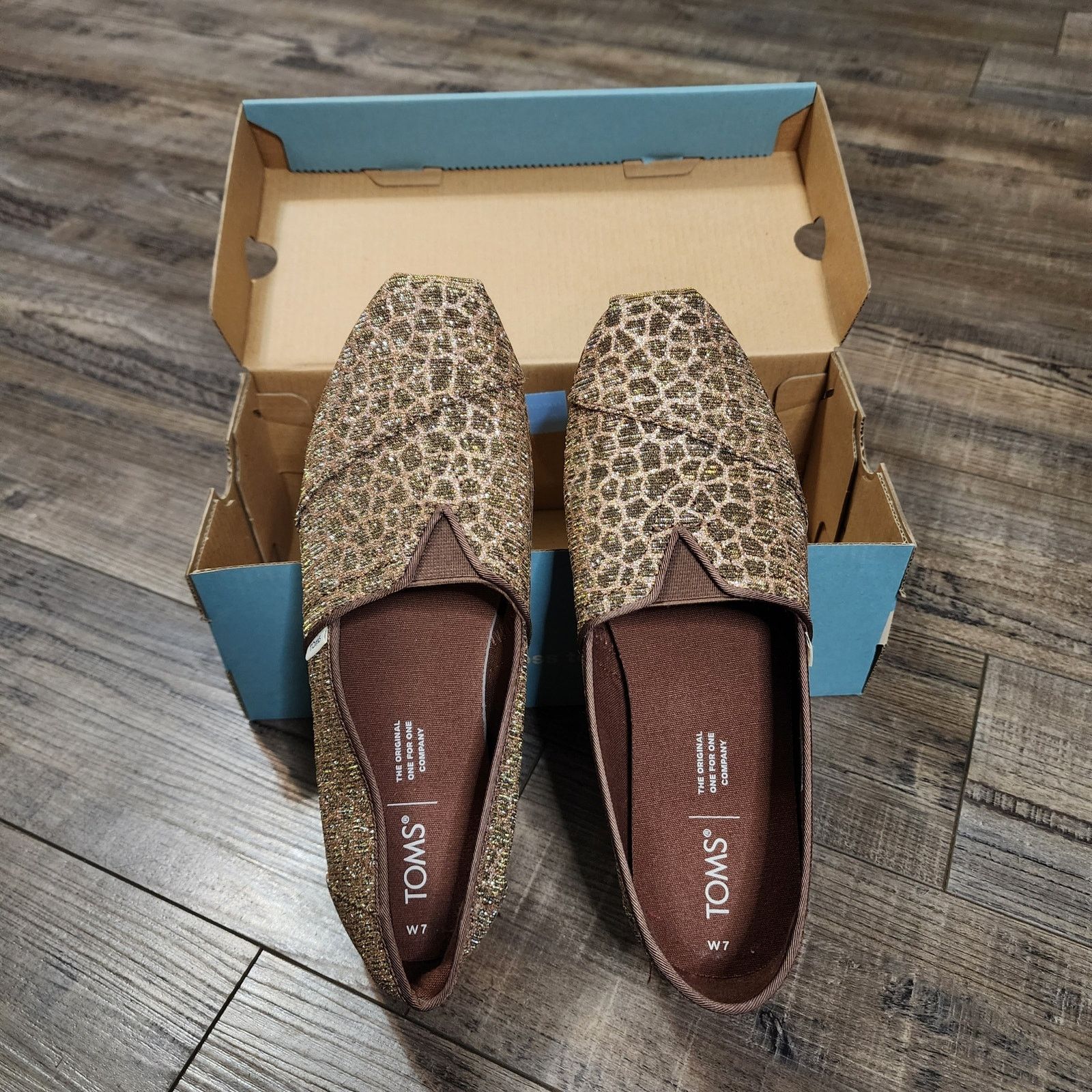 New TOMS Alpargata Bronze Animal Print Glitter Sz 7 NIB shlf