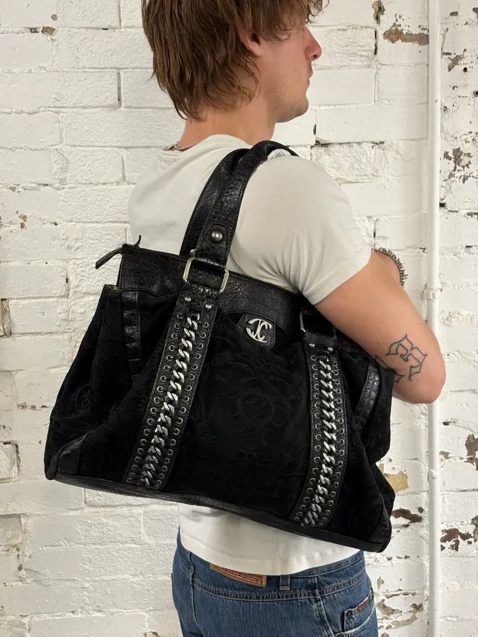 Just Cavalli 2000s Cavalli Black Leather Embroidered Chain Handle Bag Size ONE SIZE - 3 Thumbnail