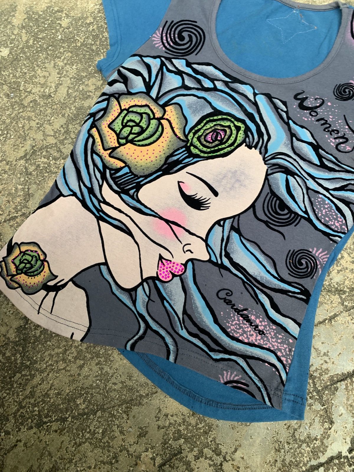 Custo Barcelona y2k Cardanro Velvet Print Girl Art Graphic Top Size M / US 6-8 / IT 42-44 - 4 Thumbnail