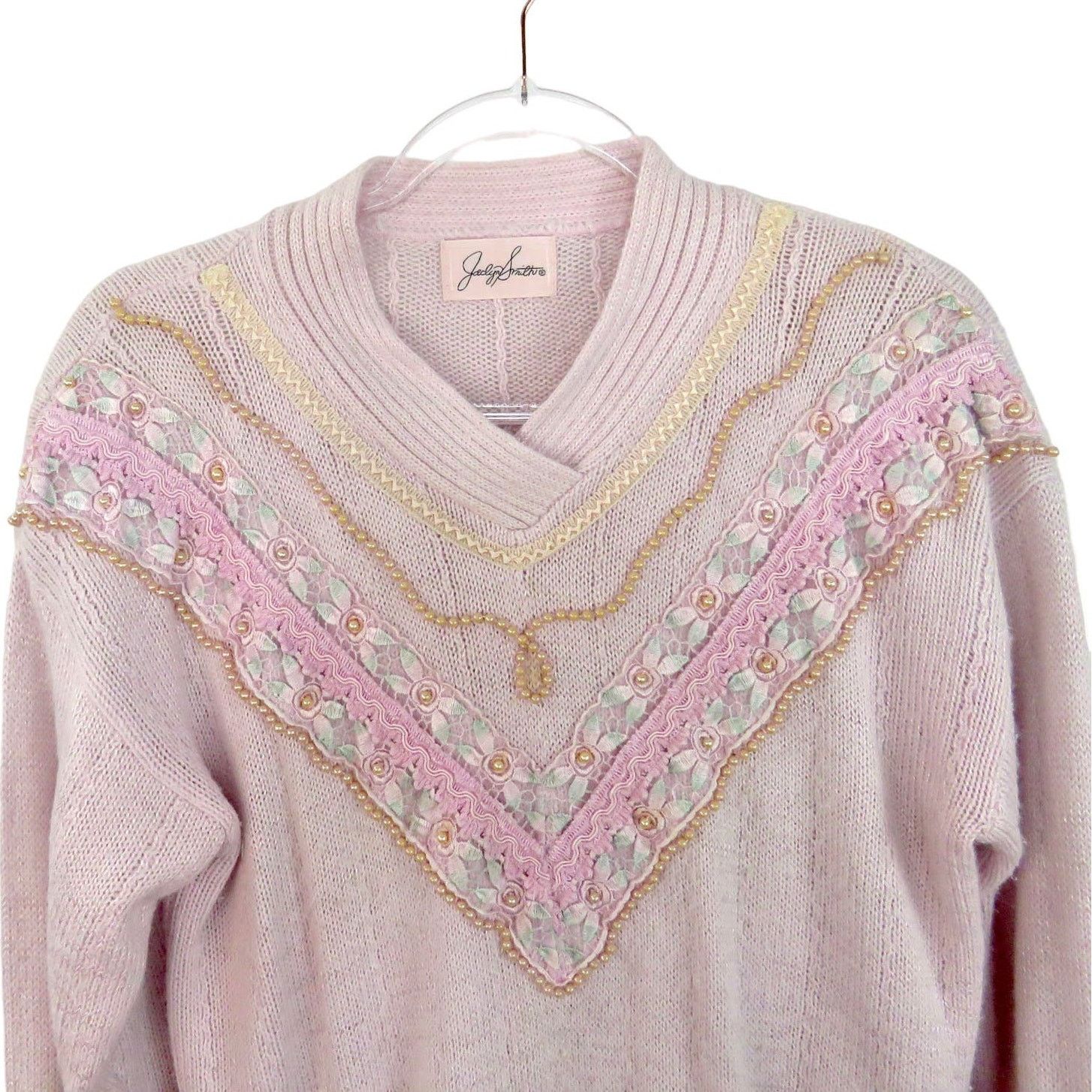 Vintage Vintage Pink Beaded Embroidered Sweater Large Grandmacore Size L / US 10 / IT 46 - 4 Thumbnail