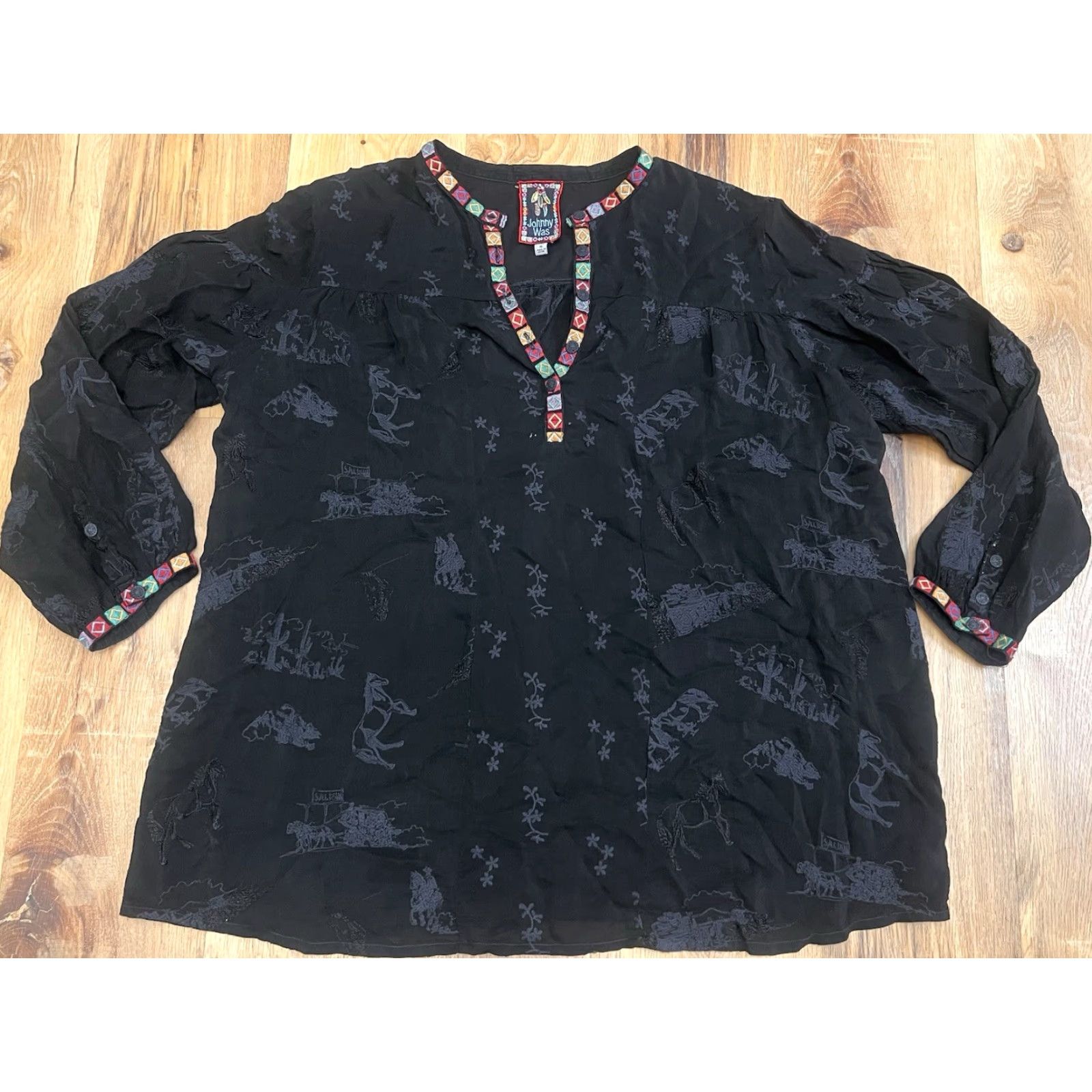 Johnny Was Johnny Was Blouse Women XL Black Santa Fe Leta Southwestern Sheer Horse Tunic Size XL / US 12-14 / IT 48-50 - 2 Thumbnail