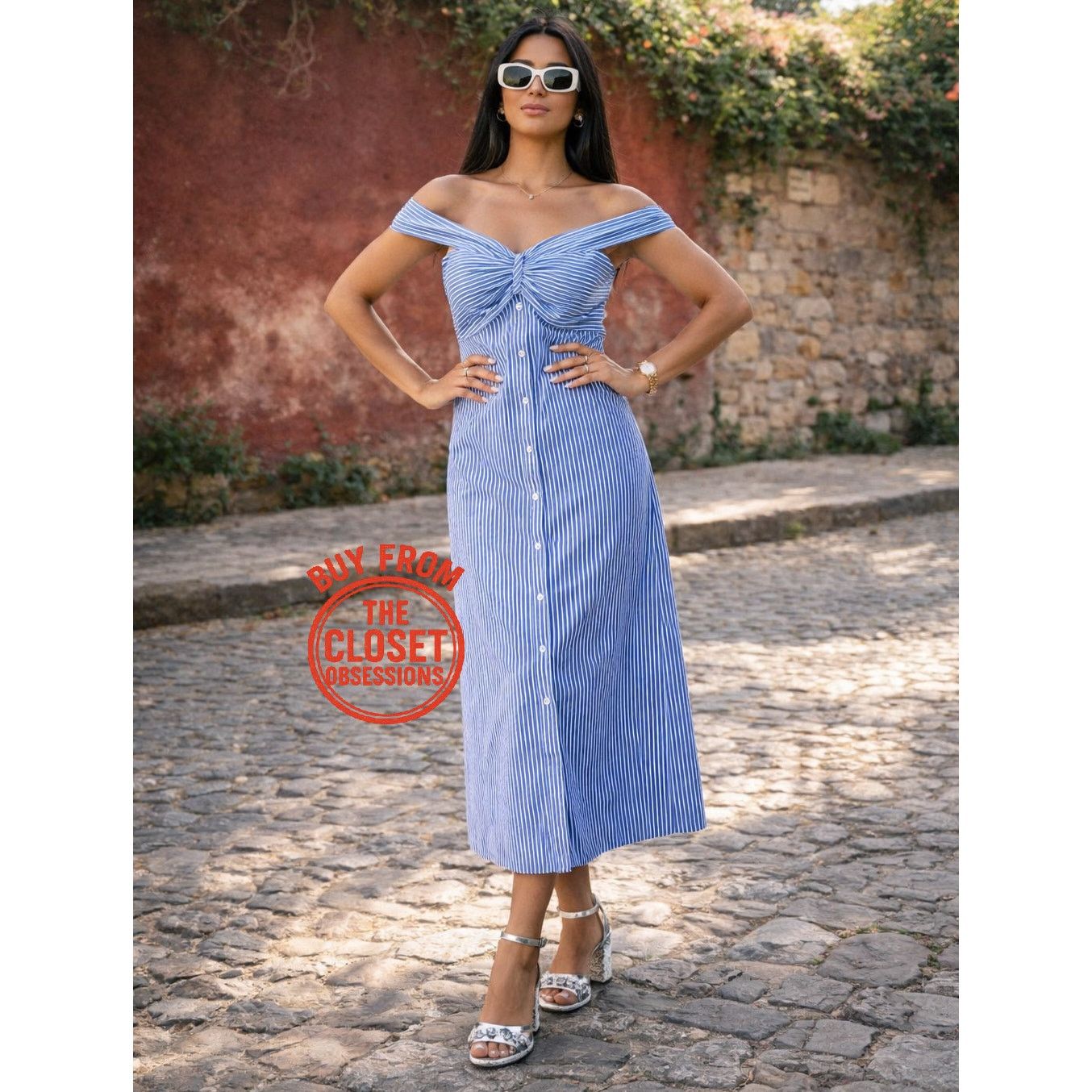 Mango MANGO Striped Off-Shoulder Midi Dress NWT Size L / US 10 / IT 46 - 4 Thumbnail