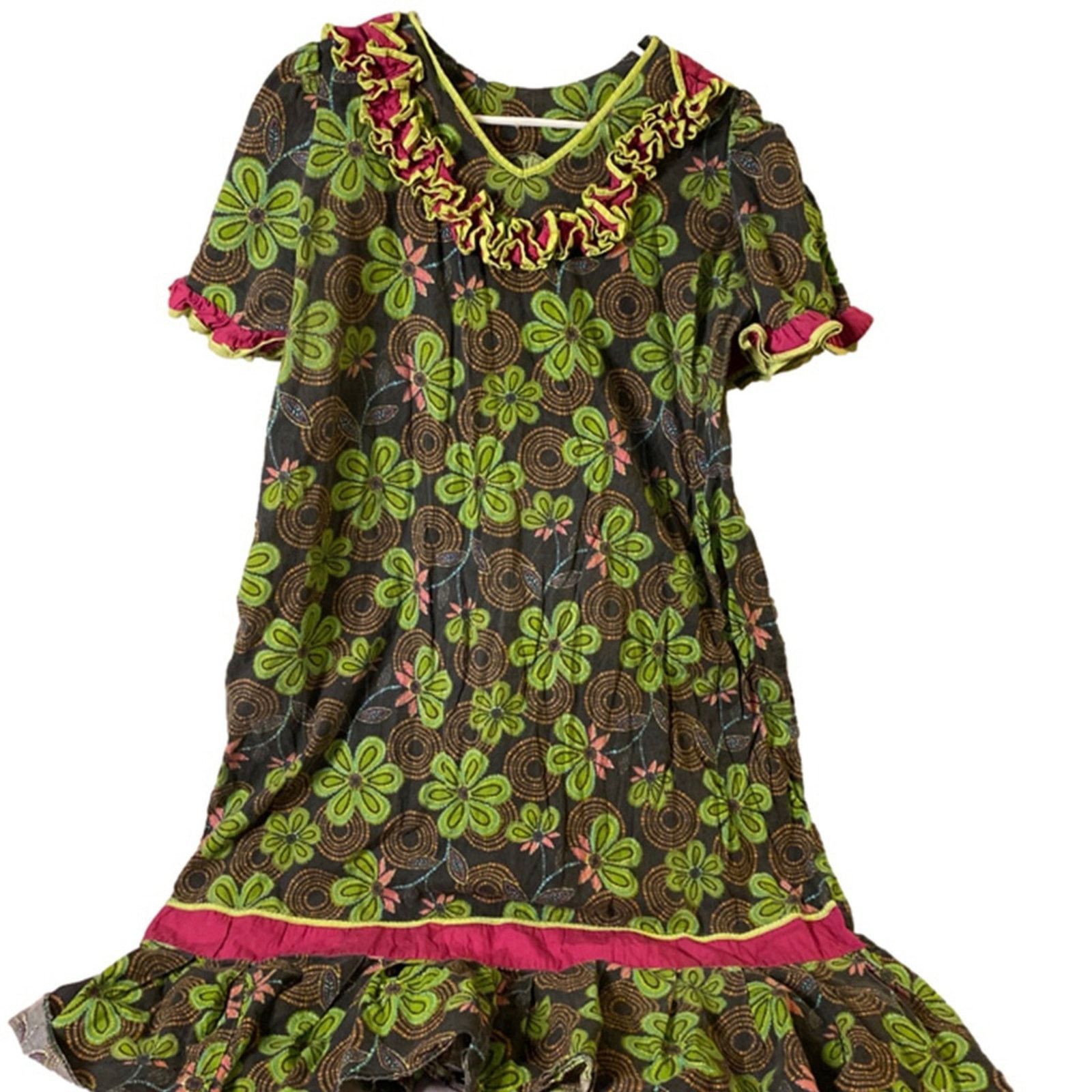 Handmade Boho Cottagecore Floral Ruffle Hem Green & Pink Dress L Size L / US 10 / IT 46 - 2 Thumbnail