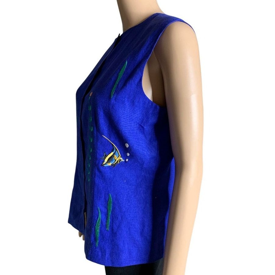 Other Women's Top Size 10 Top Linen Blend Ocean Fish Embroidered Size L / US 10 / IT 46 - 2 Thumbnail
