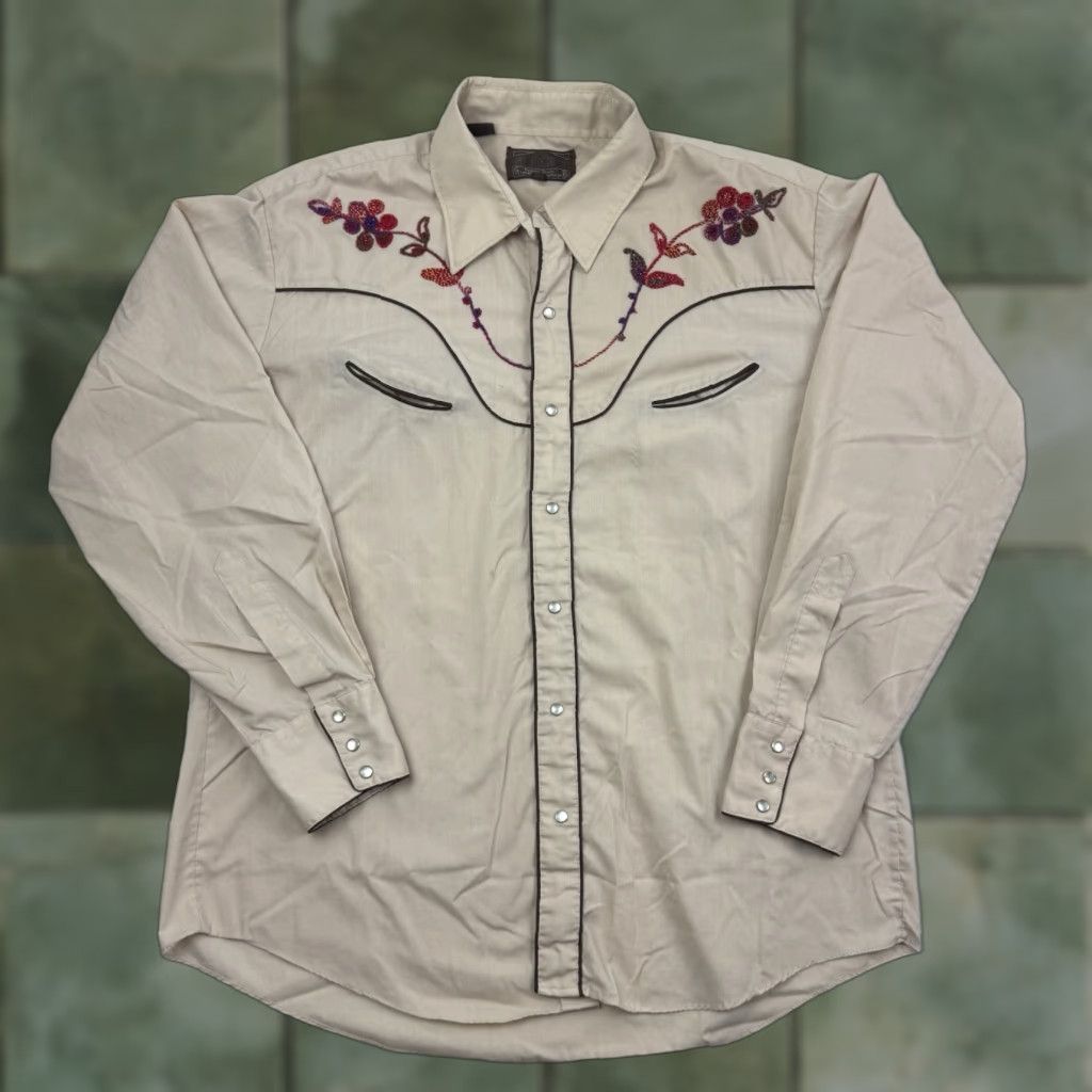 VINTAGE Ponderosa Shirt Adult XL Cow­boy Western Pearl Snap Embroidered Beige 80s 90s Casual Mens