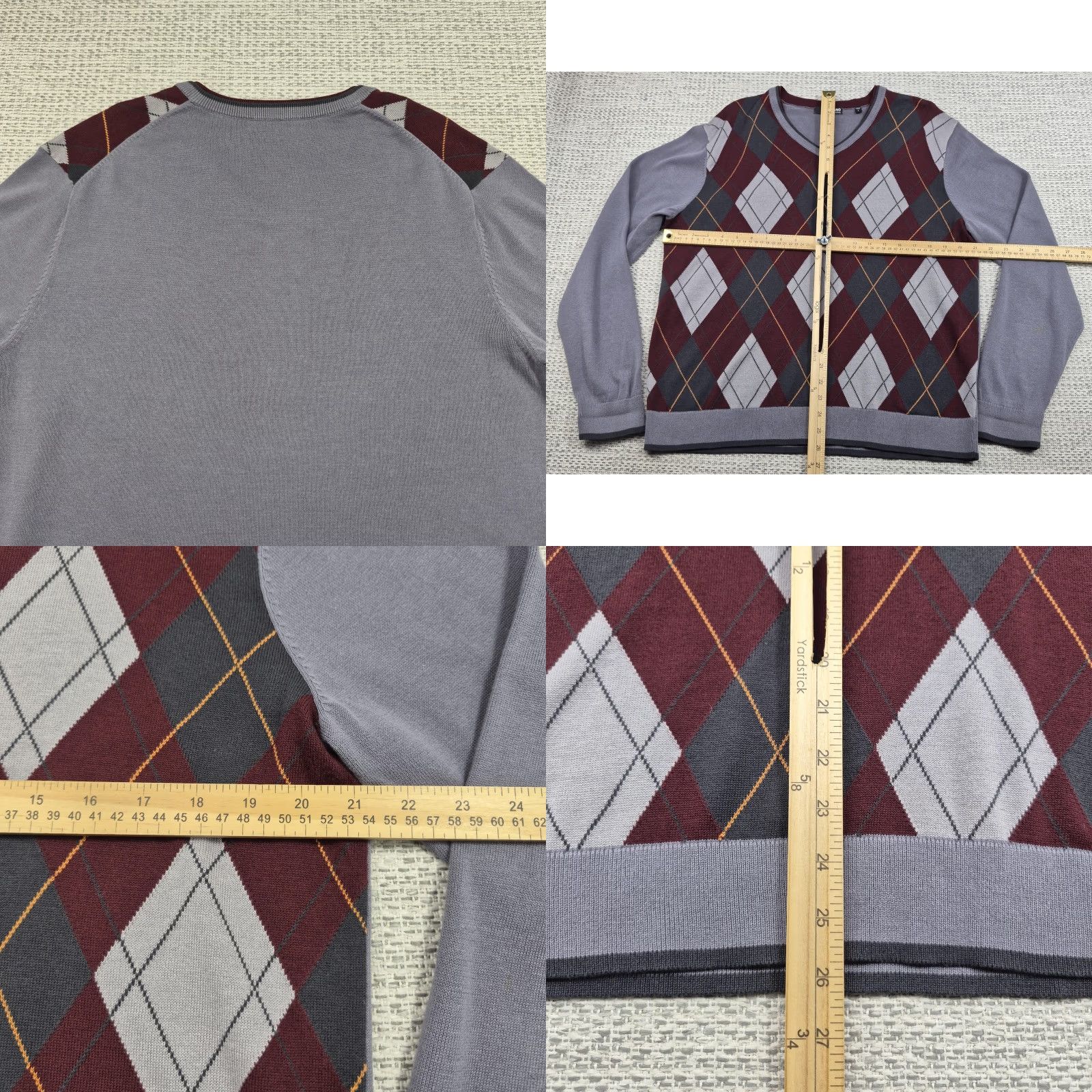 Murano Murano Mens Large Gray Burgundy Argyle V Neck Soft Cotton Knit Pullover Sweater Size US L / EU 52-54 / 3 - 8 Thumbnail