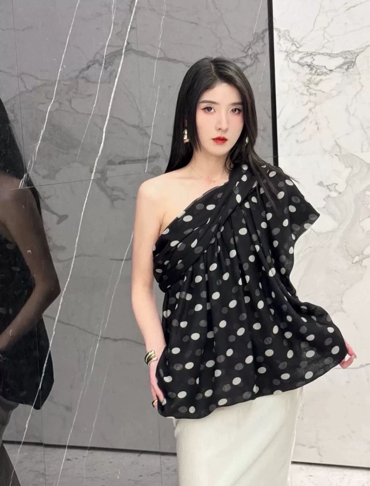 Saint Laurent Paris Saint Laurent Polka Dot Off-Shoulder Silk Top Size M / US 6-8 / IT 42-44 - 1 Thumbnail