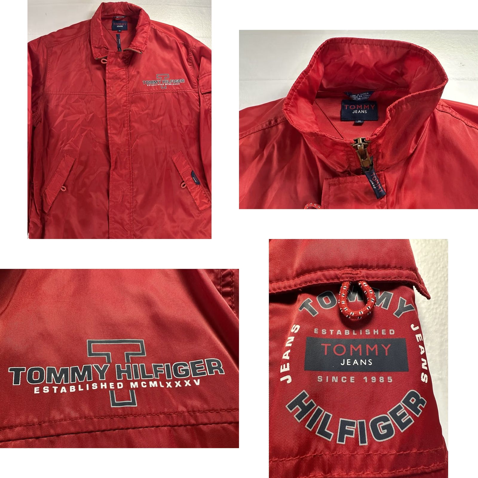 Tommy Hilfiger VTG Tommy Hilfiger Jeans Jacket Mens Medium Red Logo Windbreaker Hooded Nylon Front Zip Button Snap Sailor Windbreaker *Flaw" Size US 31 - 8 Thumbnail