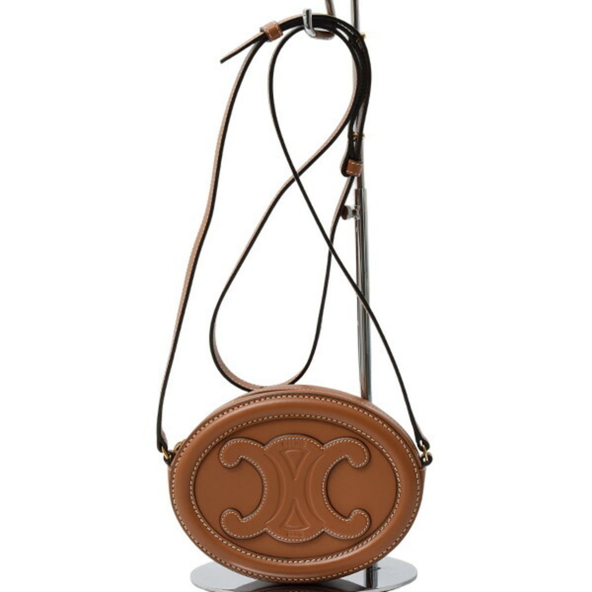 Celine Women's Crossbody Oval Purse Triomphe Cuile Shoulder Bag Calf Leather Brown Celine 10I703Dpq.04Lu