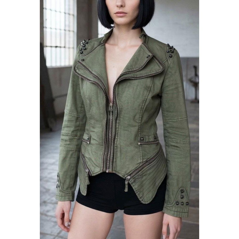 Cop Copine The Asymmetrical Studded Multizipper Denim Jacket Size ONE SIZE - 2 Thumbnail