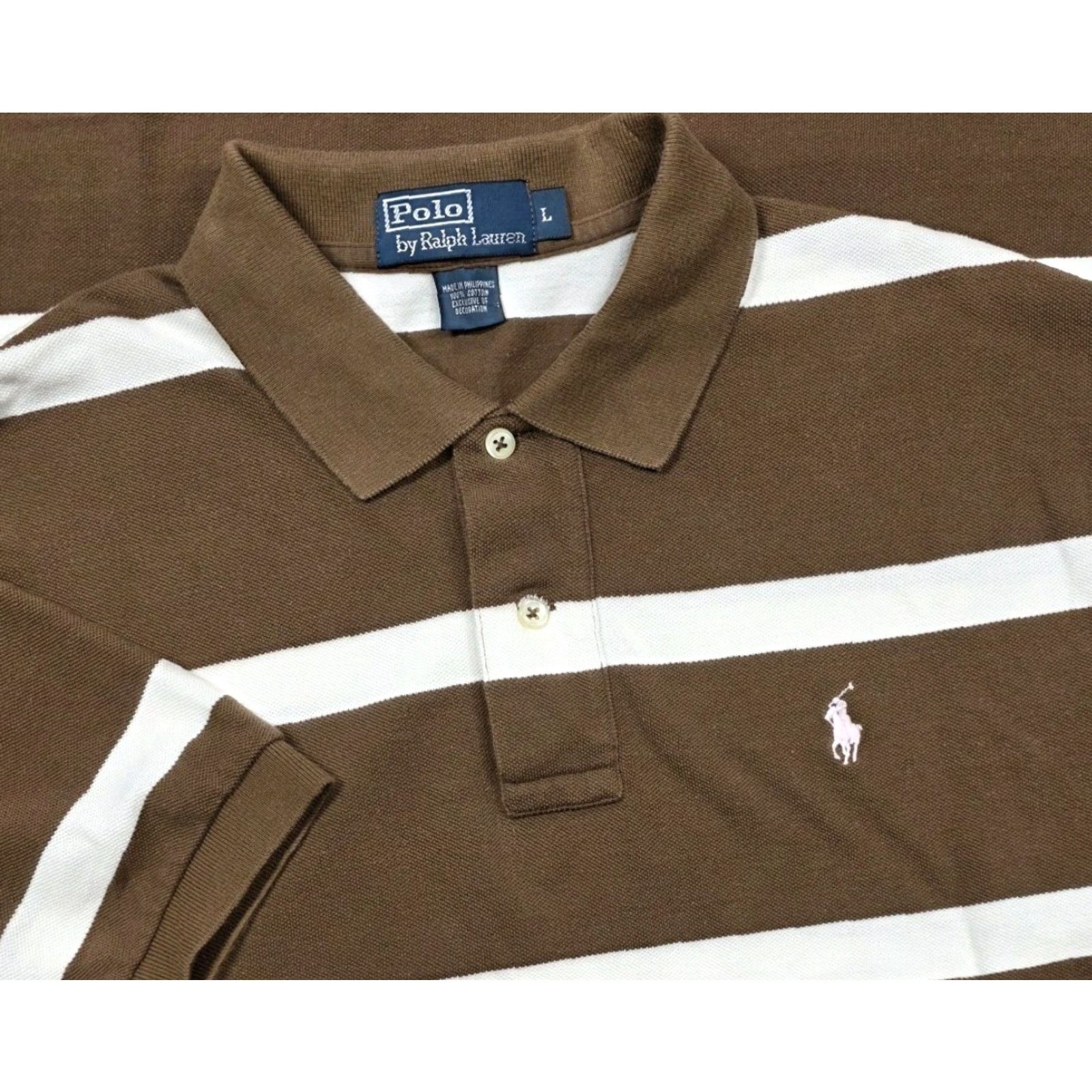 VINTAGE Polo Ralph Lauren Shirt L Brown White Short Sleeve Pique Polo Ralph Lauren Polo Shirt L Brown White Short Sleeve Pique Pink Pony 90s USA Mens