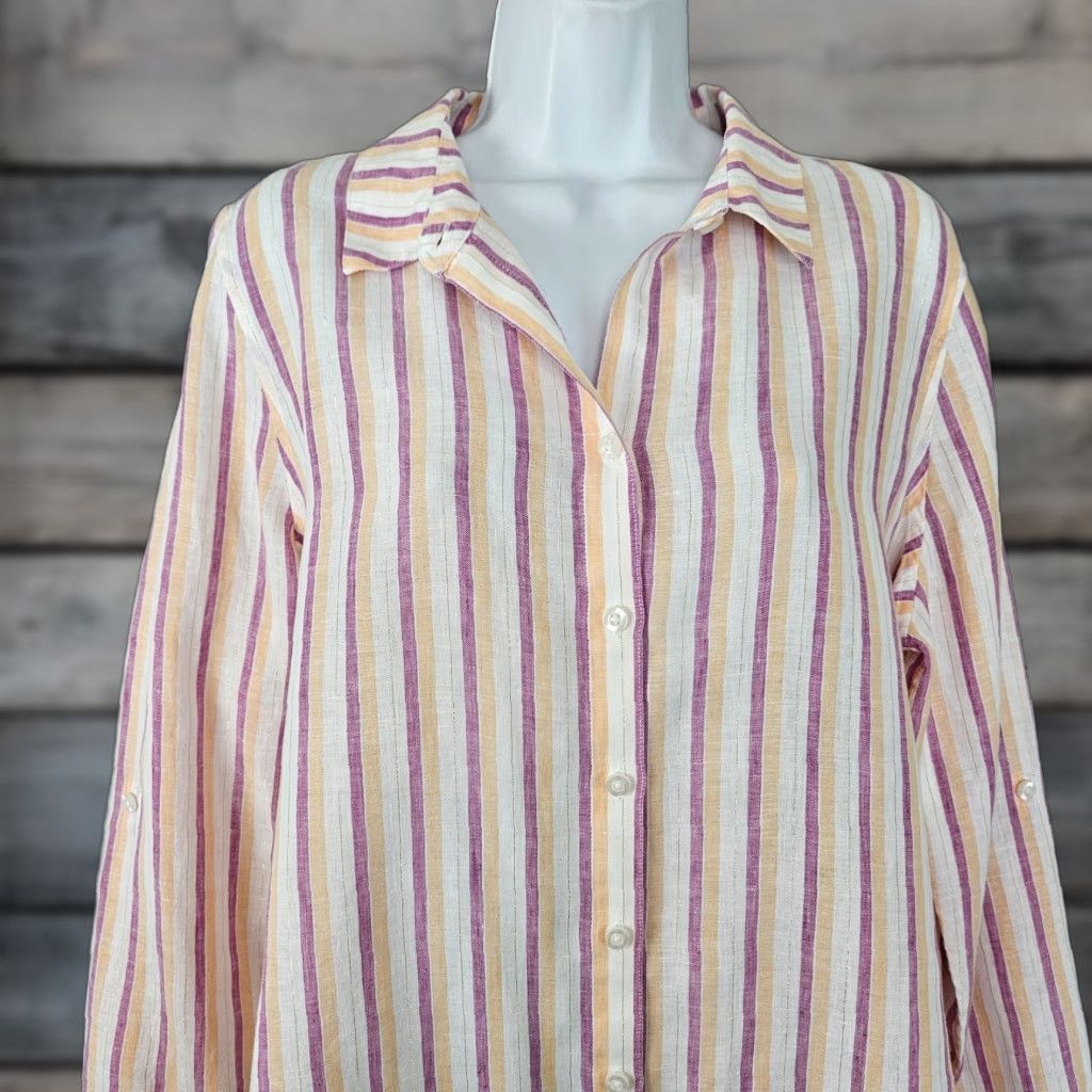 Vintage Chico's Womens No Iron Linen Button Front Shirt Sz 10 Purple Stripe Shirt Womens 10 Long Sleeve Collared Linen Button-Up Boys? Size L / US 10 / IT 46 - 1 Thumbnail