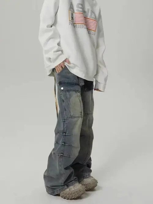 Japanese Brand × Jean Heavy-duty washed distressed pocket cargo straight-leg jeans Size US 32 / EU 48 - 3 Thumbnail