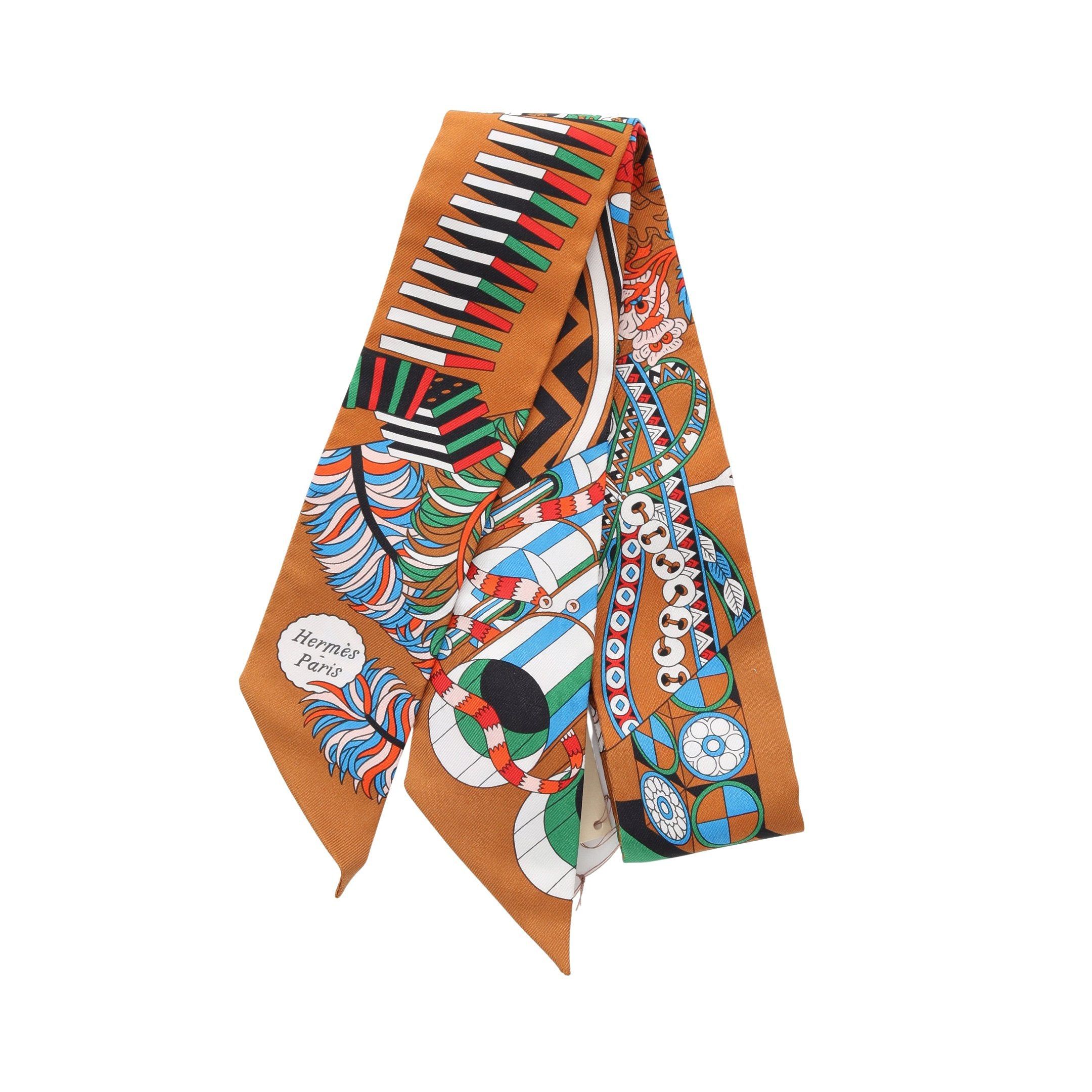Hermes Hermes Twilly De Aux Duels Vieux Ribbon Scarf Silk Brown Multicolor Size ONE SIZE - 1 Thumbnail