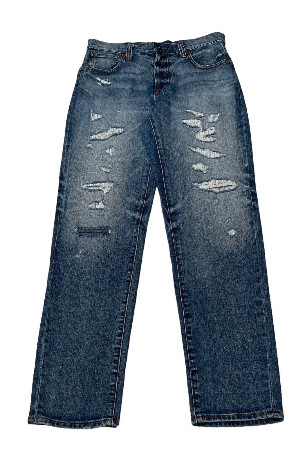 Image of Distressed Denim x Vintage Rag Machine Distressed Jeans 1990S in Denim (Size 31)