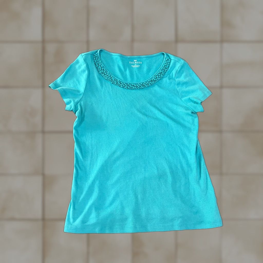 Talbots Talbots Womens Top Short Sleeve Knit Casual Beaded Neckline Blue M Size Crew Neck Cotton Button Beaded Kn - Sliming? Size M / US 6-8 / IT 42-44 - 1 Thumbnail
