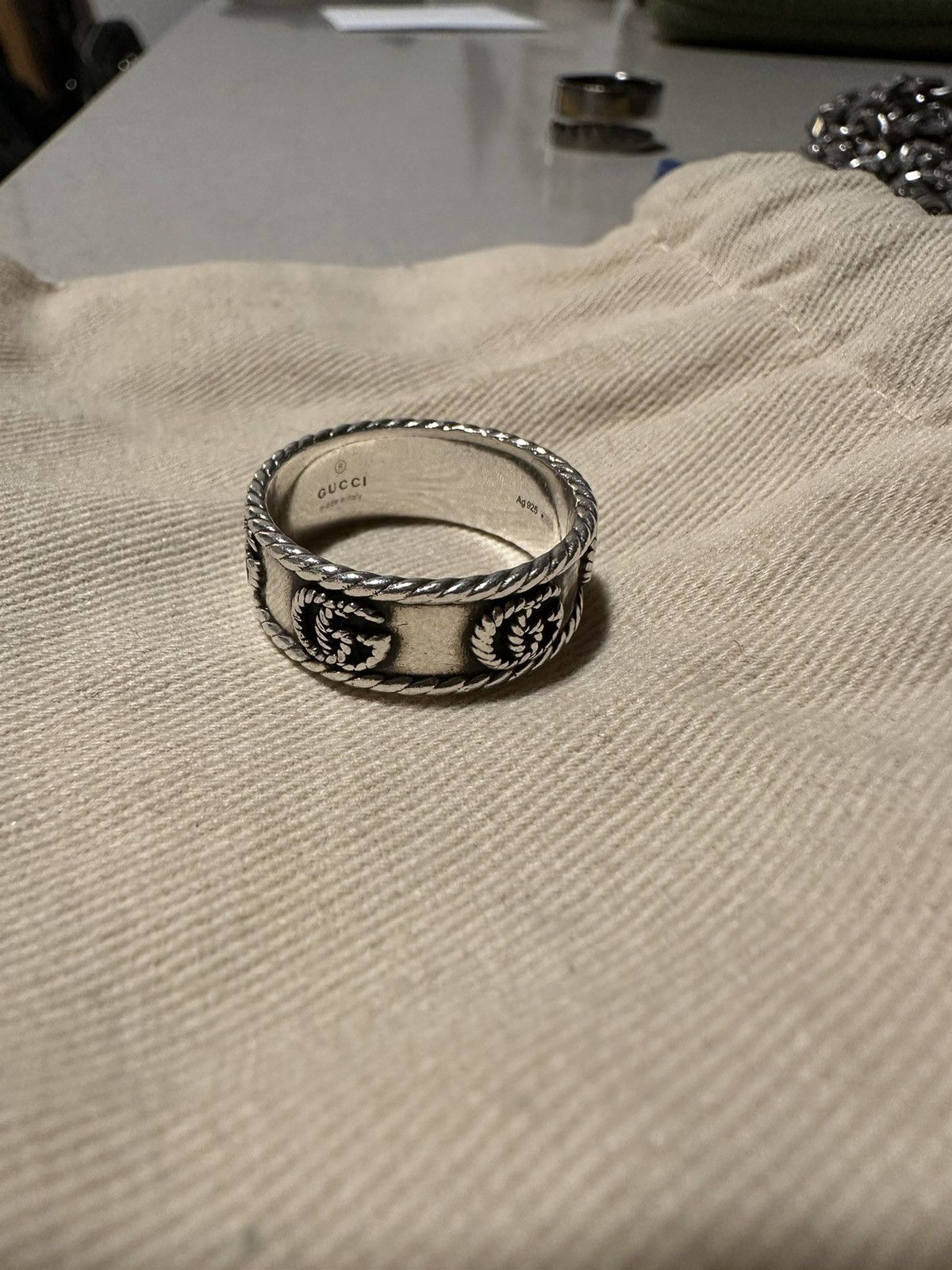 image of Gucci Aged Sterling Silver GG Marmont Ring, Men's