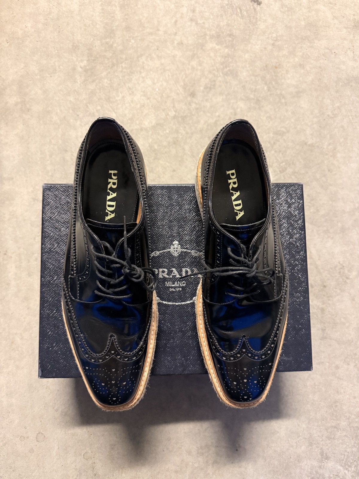 Prada Prada Leather Wingtip Brogue Espadrille Platform Derbys Size US 10.5 / EU 43-44 - 1 Thumbnail
