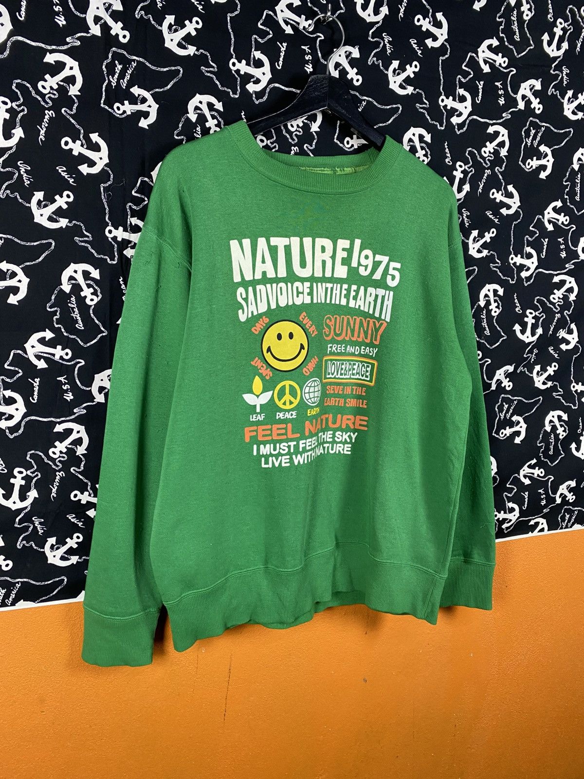 Japanese Brand Homeboys Nature 1975 Green Graphic Smiley Peace Earth Size US L / EU 52-54 / 3 - 6 Thumbnail
