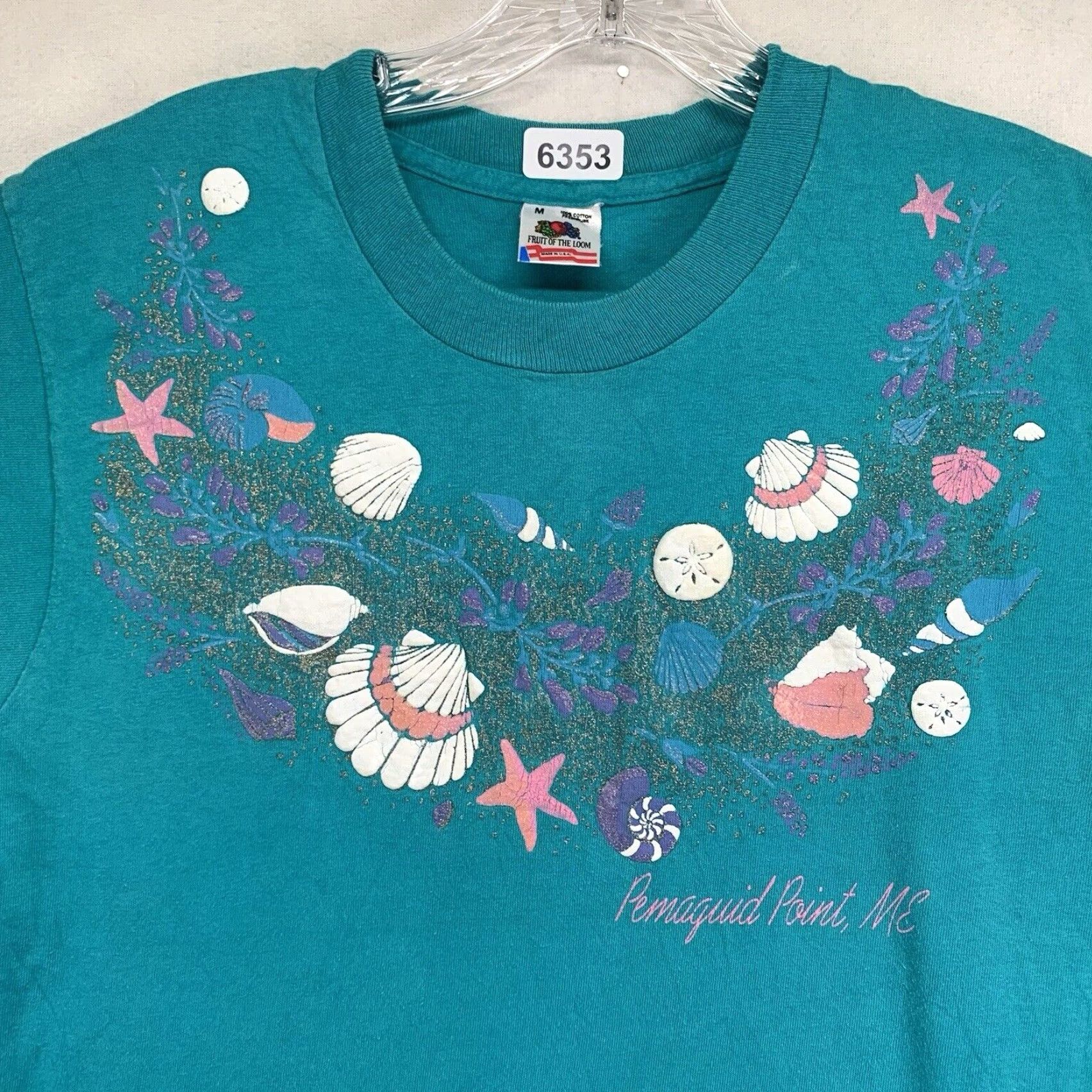 Fruit Of The Loom VINTAGE Fruit of the Loom T-Shirt Unisex Adults Medium Blue Beach 80s 90s Seal Shell Glitter Artwork Size US M / EU 48-50 / 2 - 2 Thumbnail