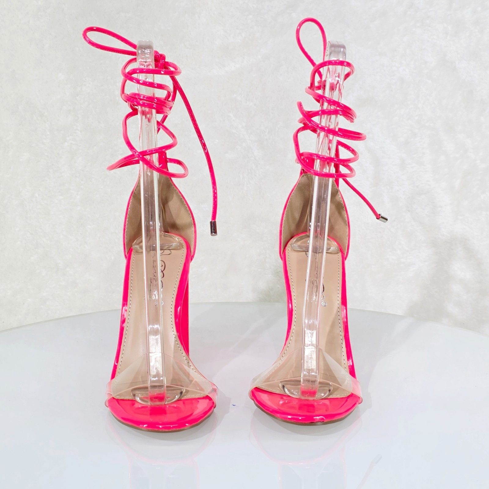 Other Shocker Tie Up Ankle Strap Neon Pink Chunky High Heels Sand Size US 10 / IT 40 - 5 Thumbnail