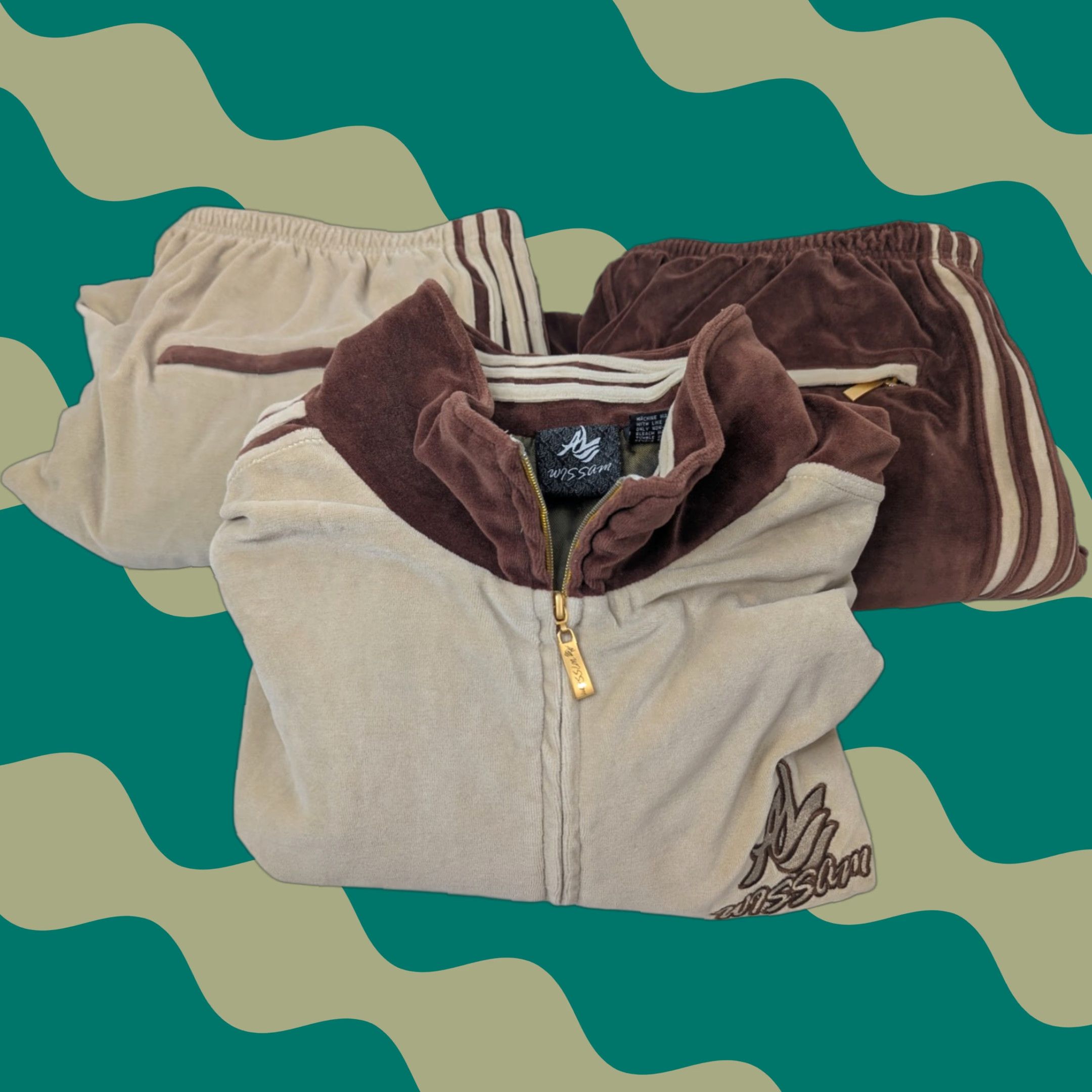 Velour VINTAGE Al Wissam Tracksuit Velour Brown Beige 3XL Men Hip Hop Streetwear Jacket Pants Set Velour Insulated Long Sleeve Brown Big & Tall Mens Size US 39 - 1 Thumbnail