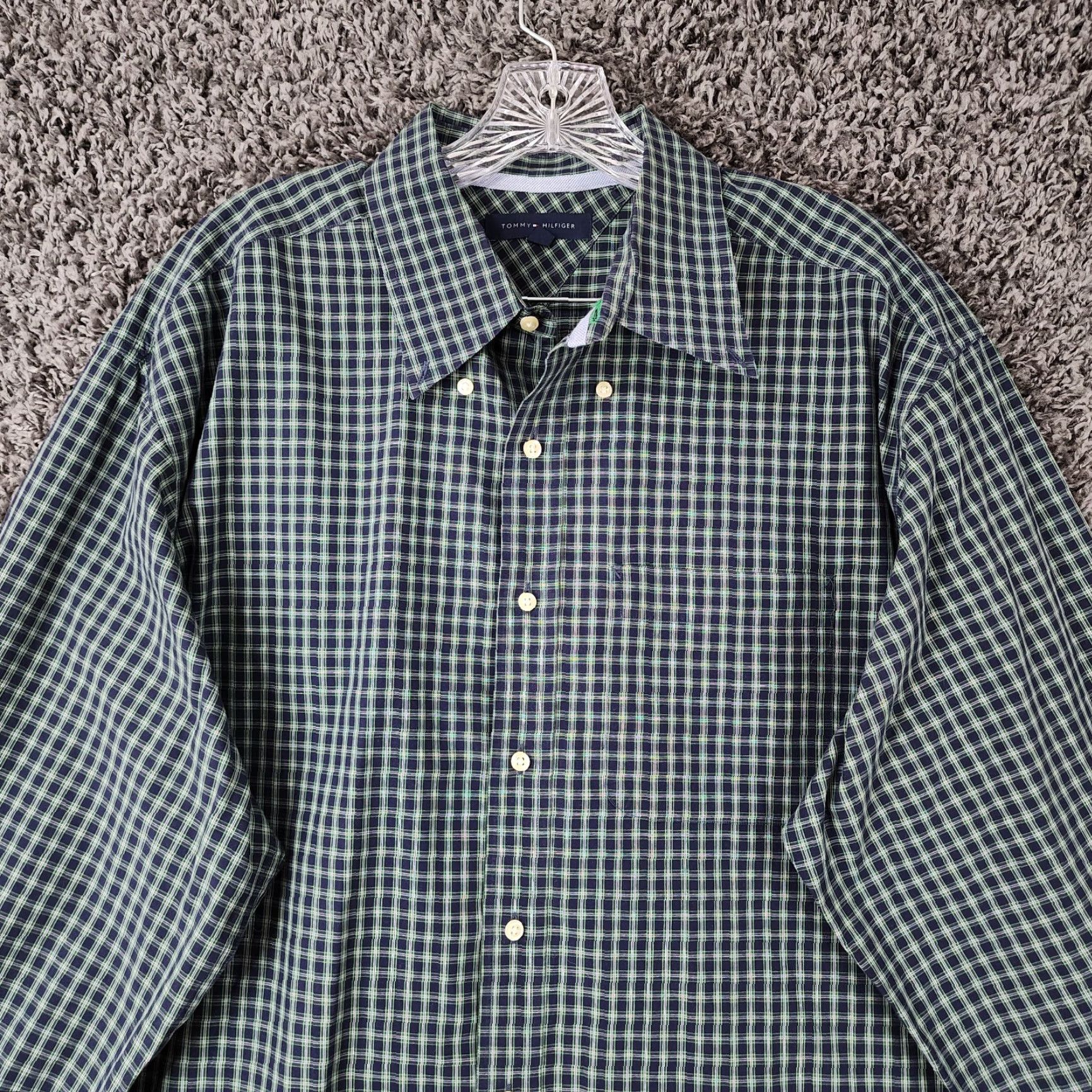 Tommy Hilfiger Tommy Hilfiger Shirt Men XL Button-Down Plaid Long Sleeve Dress Shirt Green Blue Mens Size 46R - 3 Thumbnail