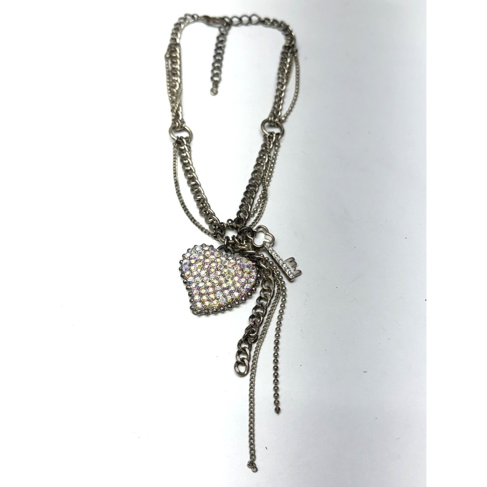 Vintage Rhinestone heart silver chain key charm necklace Size ONE SIZE - 1 Thumbnail