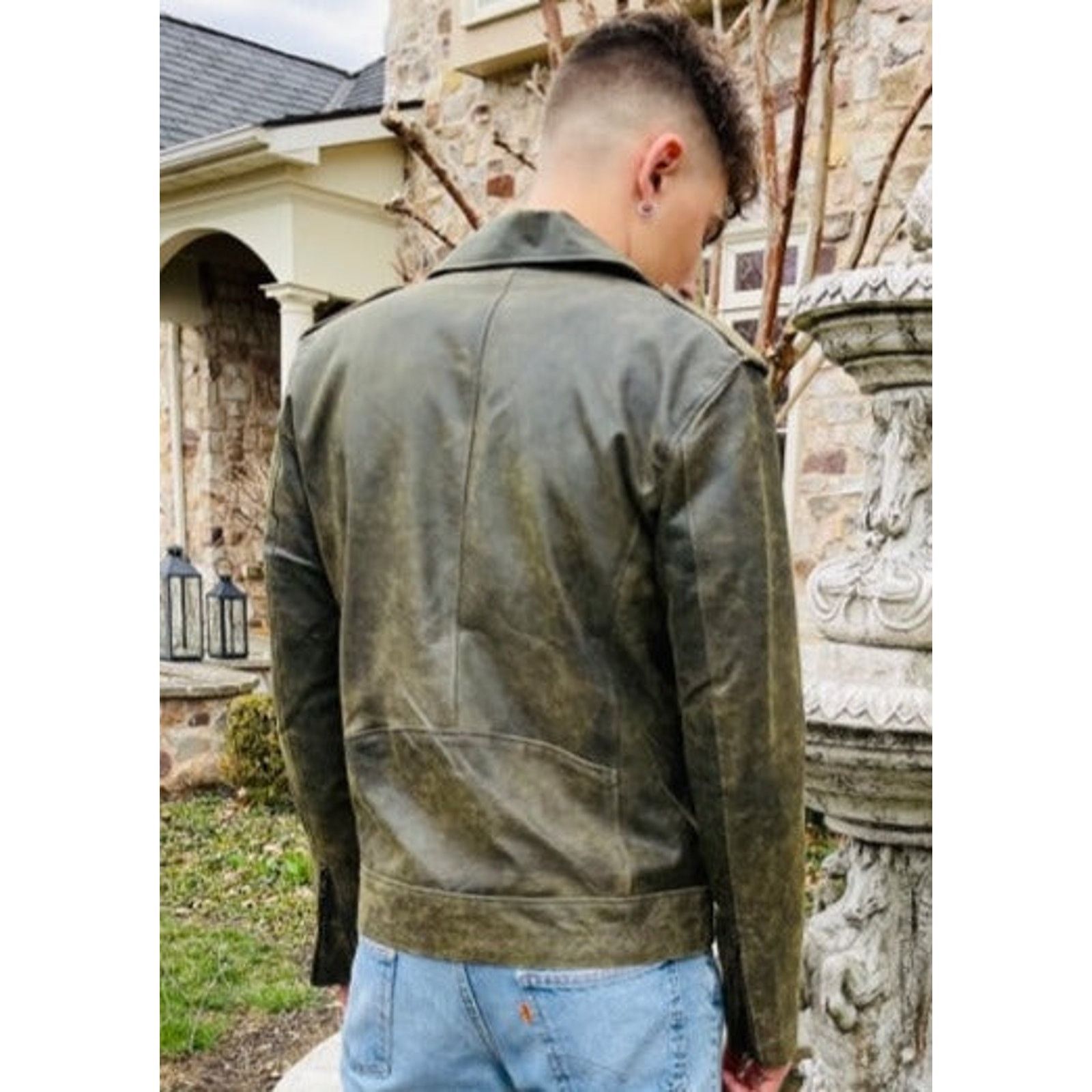 & Other Stories Simon Green Distressed Goat Leather Moto Jacket Size US L / EU 52-54 / 3 - 5 Thumbnail