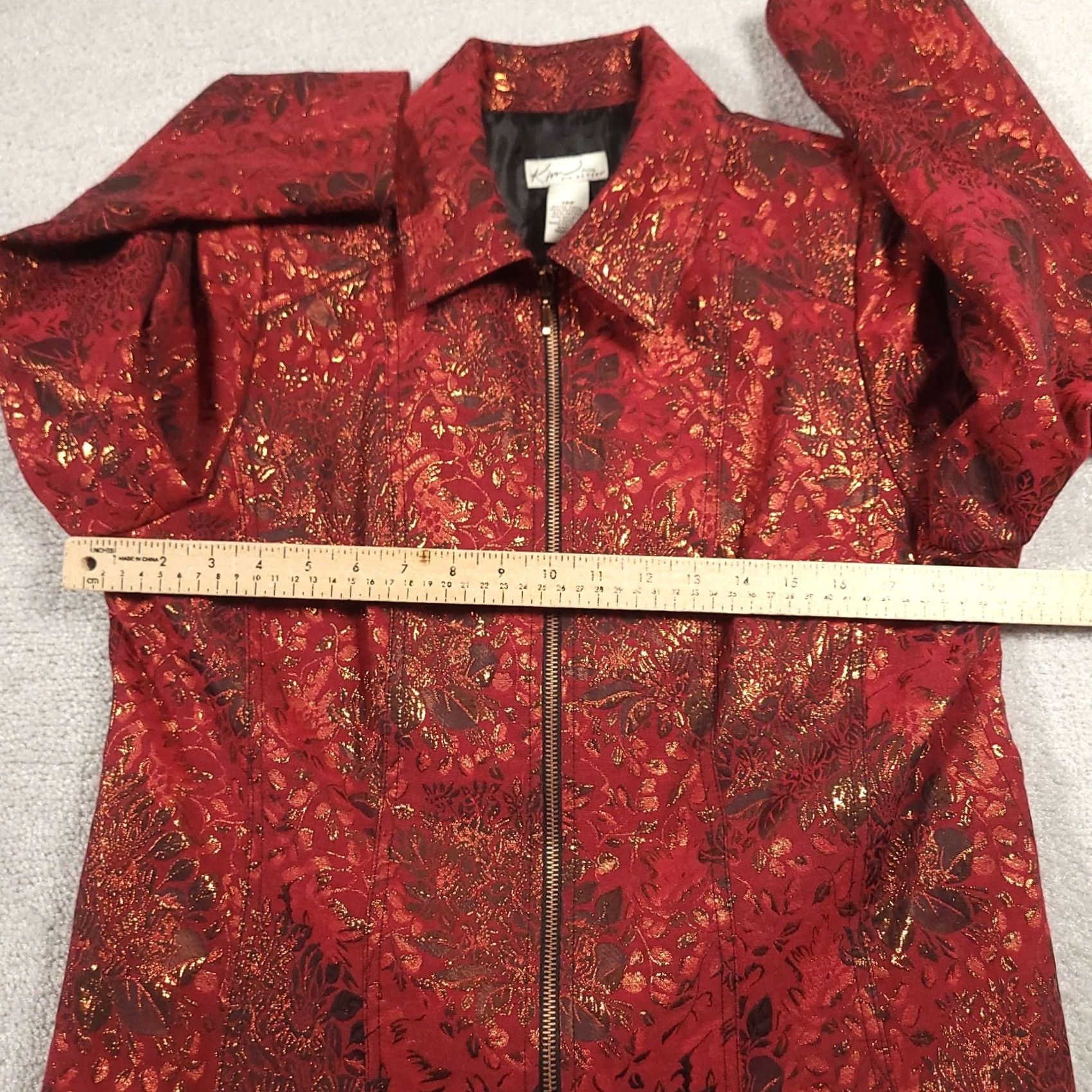 Vintage Kim Rogers Full Zip Jacket Women's 10P Petite Red Gold Shimmer Lined Floral Jacket Size L / US 10 / IT 46 - 3 Thumbnail