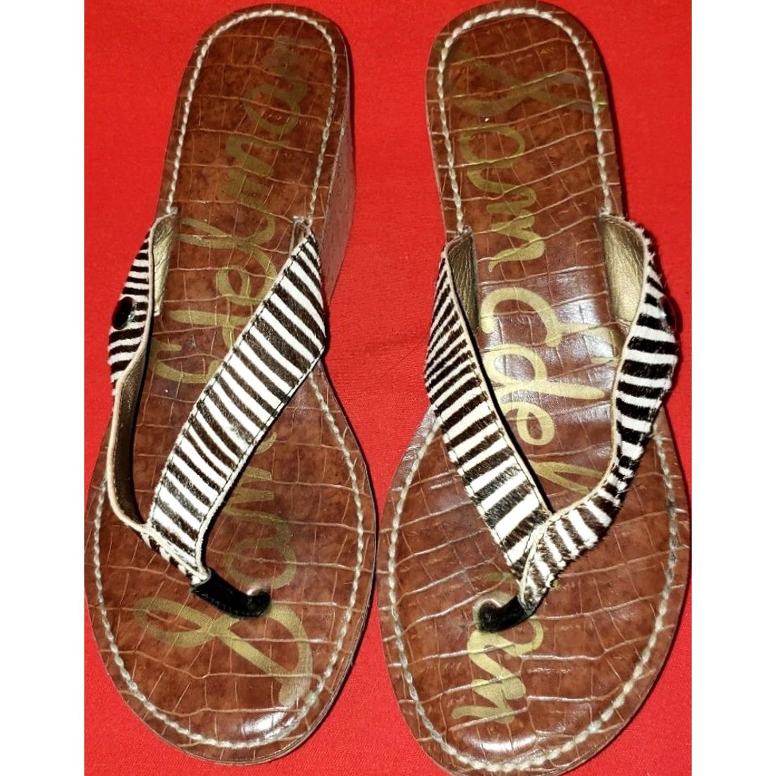 Sam Edelman Sam Edelman Toe Post Slide Wedge Sandal US 10M White Brown Striped Cork Wedge Womens Size US 10 / IT 40 - 5 Thumbnail