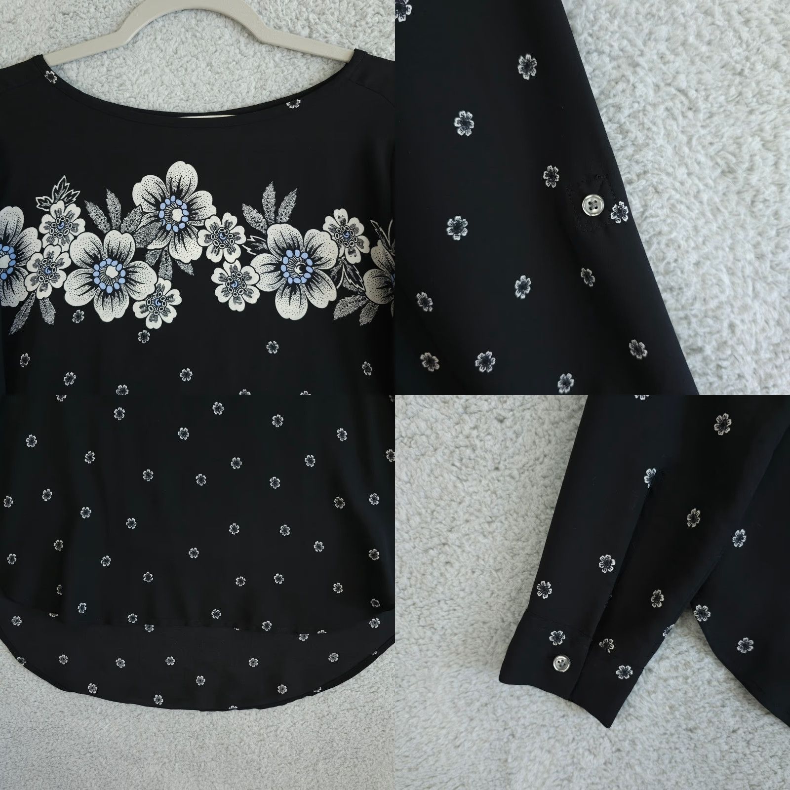 Loft LOFT Ann Taylor Blouse Shirt Floral Boatneck Long Sleeve S Black Blue Hi Lo Womens Size S / US 4 / IT 40 - 8 Thumbnail
